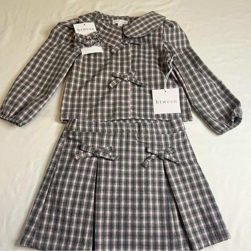 btween‎ 2T Plaid Skirt Set Pink Gray Girls Bow Outfit NWT 2 Piece Matching Set